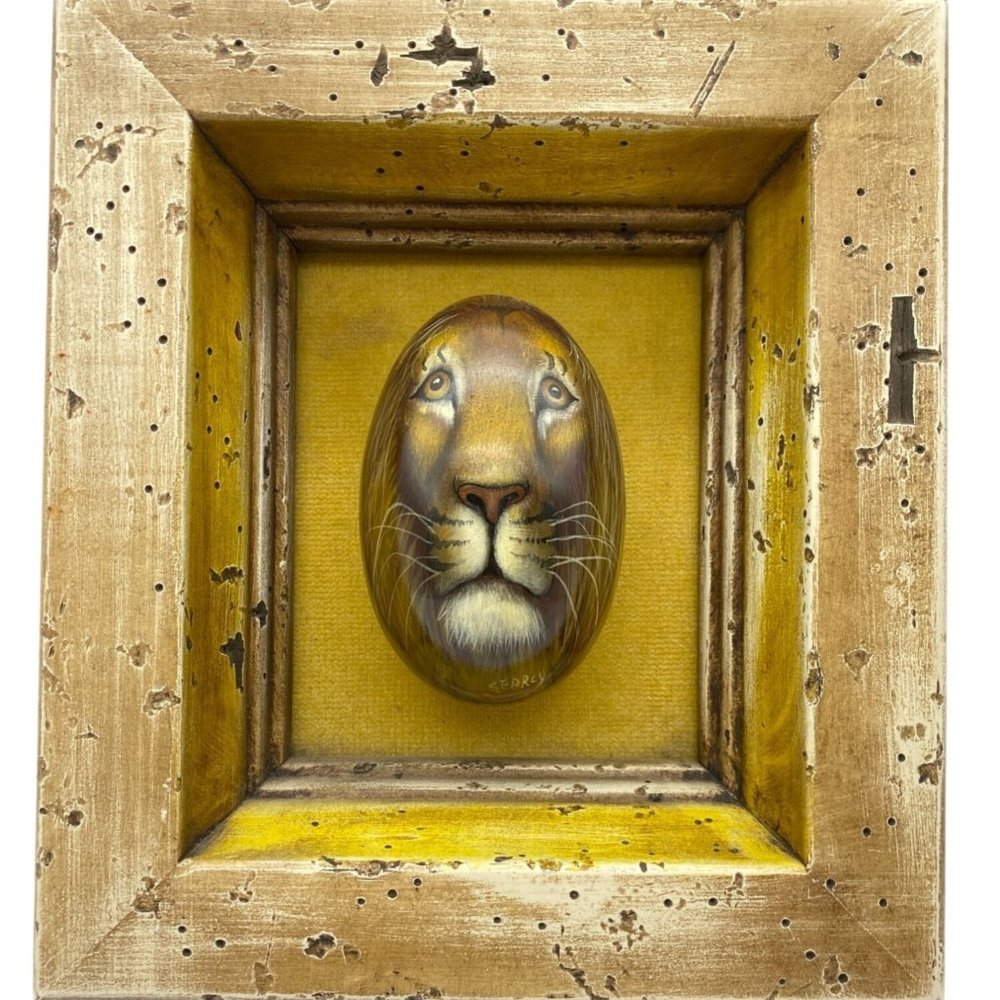 African hand painted lions face on stone egg framed signed Searcy rustic